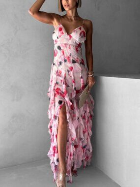 LoreVibe Dark Tone Pink Red Floral Spaghetti Strap Flowy Tulle High Split Formal